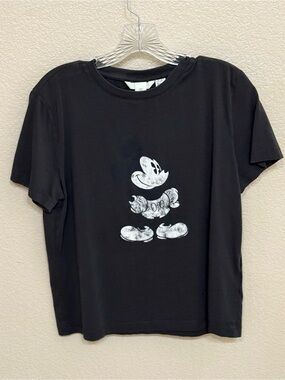 H&M Black Short Sleeve Tee with Distressed White Mickey Graphic